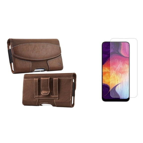 Holster and Screen Protector Bundle for TCL 30 Z: Nylon PU Leather Hybrid Belt Pouch Case (Brown) and (2-Pack) Tempered Glass Shield