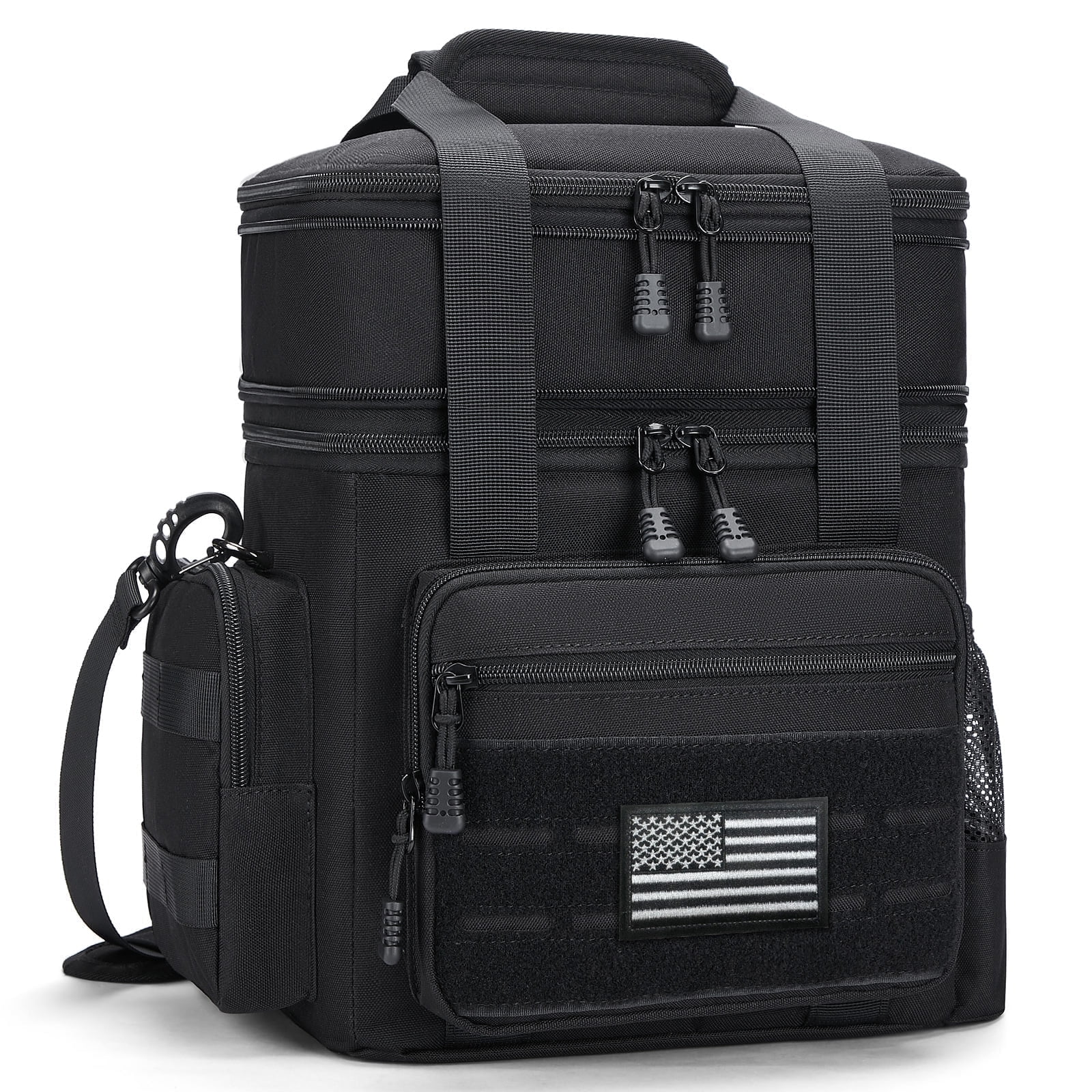 Holuxer Large Lunch Box for Men/Adults, Double Deck Expandable Camping Lunch Bags for Work Travel Daytrip Picnic Outdoor, Insulated Leakproof Cooler Bags with Flag Adjustable Shoulder Strap Black