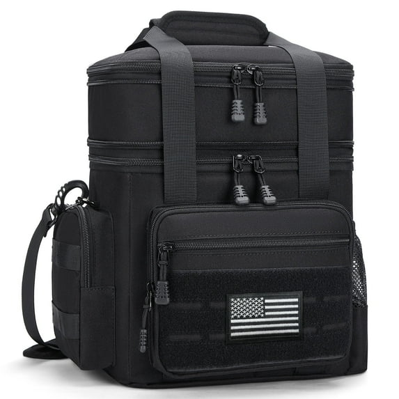 Holuxer Large Lunch Box for Men/Adults, Double Deck Expandable Camping Lunch Bags for Work Travel Daytrip Picnic Outdoor, Insulated Leakproof Cooler Bags with Flag Adjustable Shoulder Strap Black