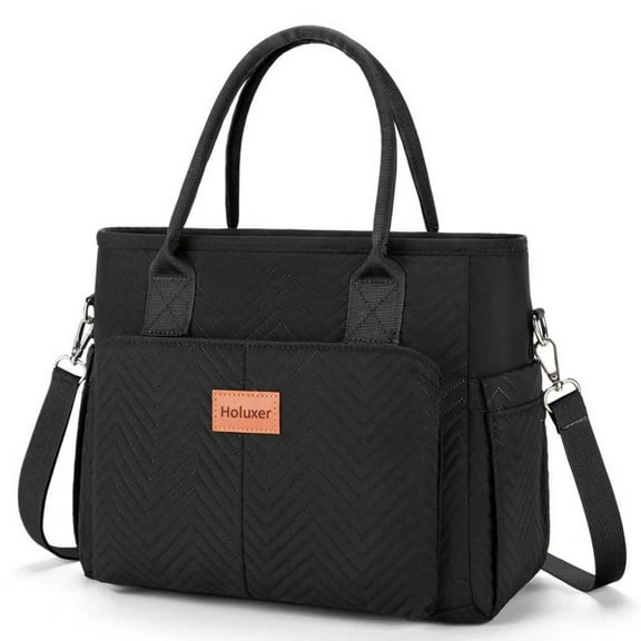 Holuxer Lunch Bags for Women, Insulated Lunch Box for Work, Large Leakproof Cooler Purse with Side Pockets & Removable Shoulder Strap Women's Lunch Tote Bag for Picnic Work Beach Lunch Bags, Black