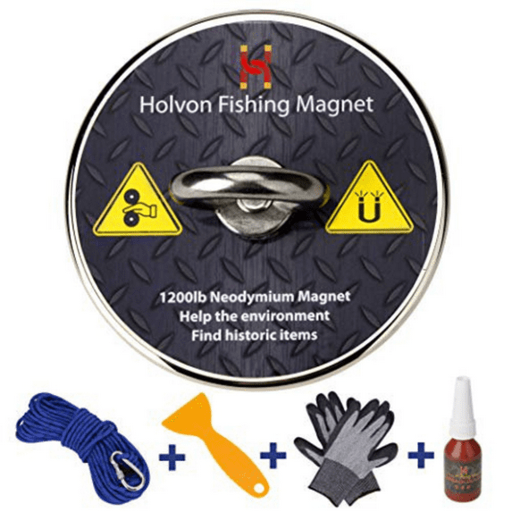 Holvon Fishing Magnet Kit 1200LB Capacity 65FT 1/2" Nylon Rope, Sturdy Carabiner, Waterproof Gloves