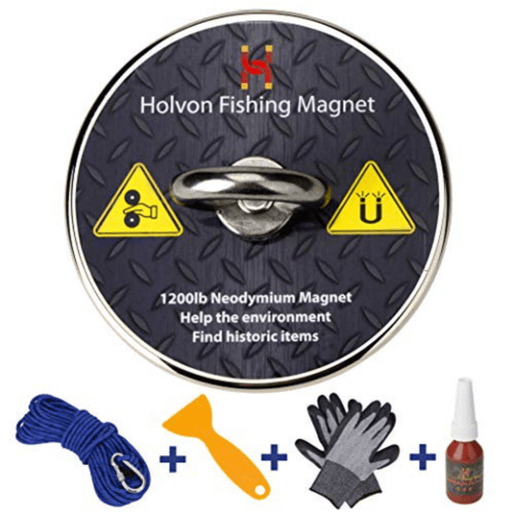Holvon Fishing Magnet Kit 1200LB Capacity 65FT 1/2" Nylon Rope, Sturdy Carabiner, Waterproof Gloves