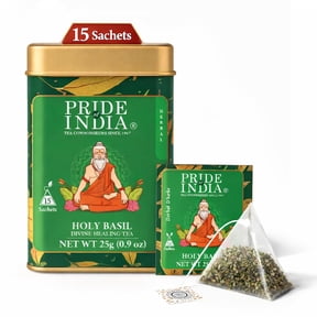 Pride Of India Holy Basil Herbal Tea – 15 Pyramid Tea Bags | Individually Wrapped Pure Tulsi Leaf Divine Healing Tea For Daily Calm And Mindful Living | Caffeine Free
