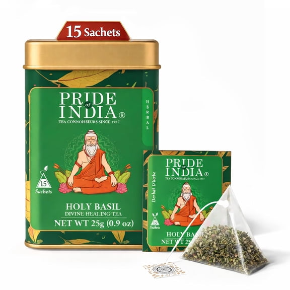 Pride Of India Holy Basil Herbal Tea – 15 Pyramid Tea Bags | Individually Wrapped Pure Tulsi Leaf Divine Healing Tea For Daily Calm And Mindful Living | Caffeine Free