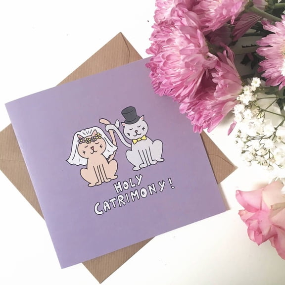 Holy Catrimony Cat Wedding Card - Cute Cat Couple Design - Envelope Included, Blank Inside - Perfect for Cat Lovers and Wedding Celebrations