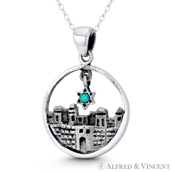 Holy City of Jerusalem & Star of David Charm Created Opal 31x22mm (1.2x0.9in) Pendant in Oxidized .925 Sterling Silver