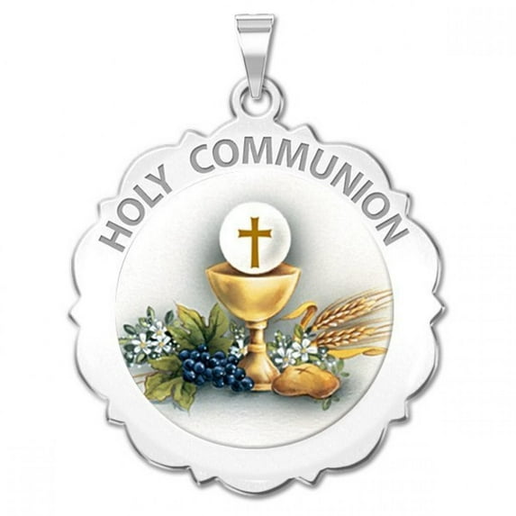 Holy Communion Scalloped Round Religious Medal Color - 1 inch Size of a Quarter -Sterling Silver