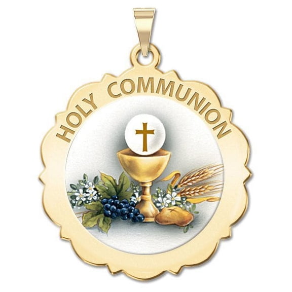 Holy Communion Scalloped Round Religious Medal Color - 2/3 Inch (Size of a Dime) Solid 14K Yellow Gold