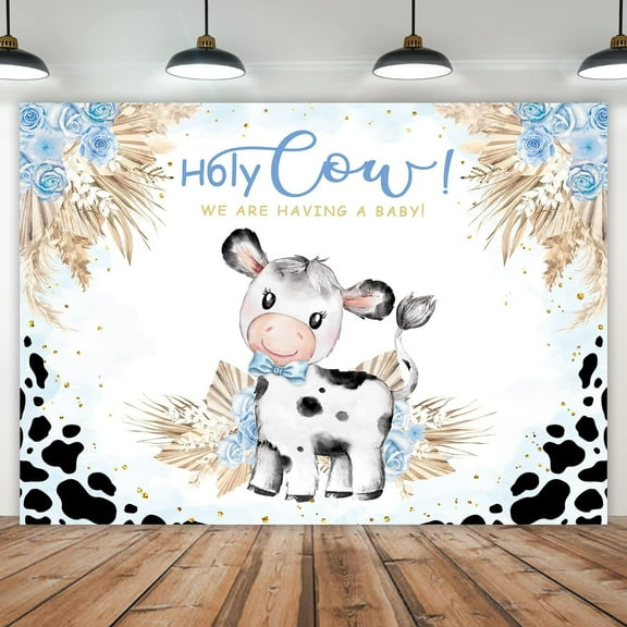 Holy Cow Baby Shower Backdrop Farm Blue Cow Print Boys Cowboy Floral Pampas Kids Polyester Fabric Newborn Birthday Party Photography Backgrounds Photo Shoot Decor Props Decoration