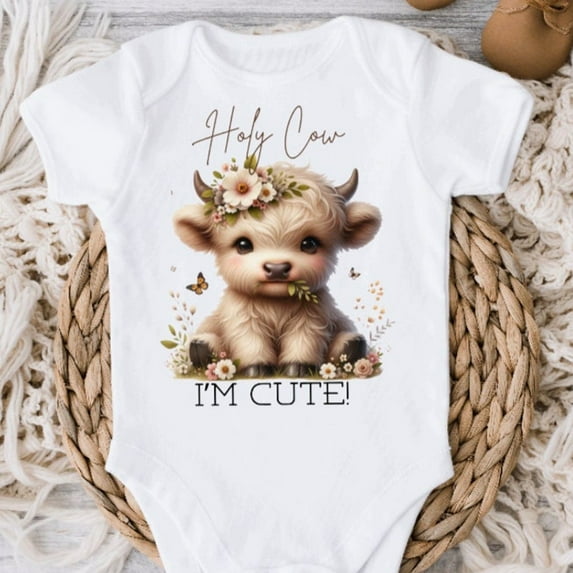 Holy Cow I'M Cute Baby Bodysuit, Newborn Baby Girl Shower Gift, Farm Baby Highland Heifer, New To The Farm, Loves Cows Cute Baby Onesie, BABY BODYSUIT LAT 4424