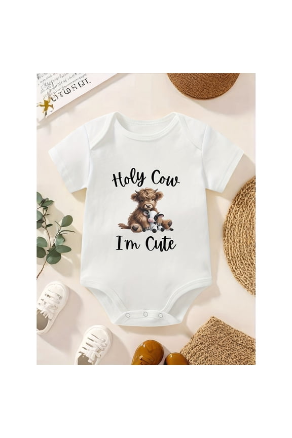 Holy Cow I'm Cute" Cartoon Highland Cow & Calf Print Bodysuit - Soft Short Sleeve Round Neck Romper, Machine Washable Unisex Outfit for Spring Summer Fall, Adorable Shower Gift, Cow Print Clothes