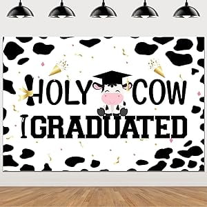 Holy Cow I Graduated Backdrop Banner Cow Print Graduation Theme Photograph Backdrop Holy Cow I Graduated Decorations Farm Animal Theme Party Supplies Cow Banner for Boys and Girls 5 * 3ft