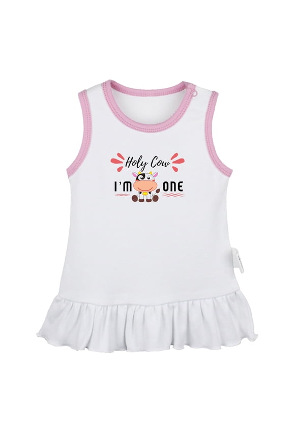 Holy Cow I'm One Funny Dresses For Baby, Newborn Babies Skirts, Infant Princess Dress, 0-24M Kids Graphic Clothes (White Sleeveless Dresses, 12-18 Months)