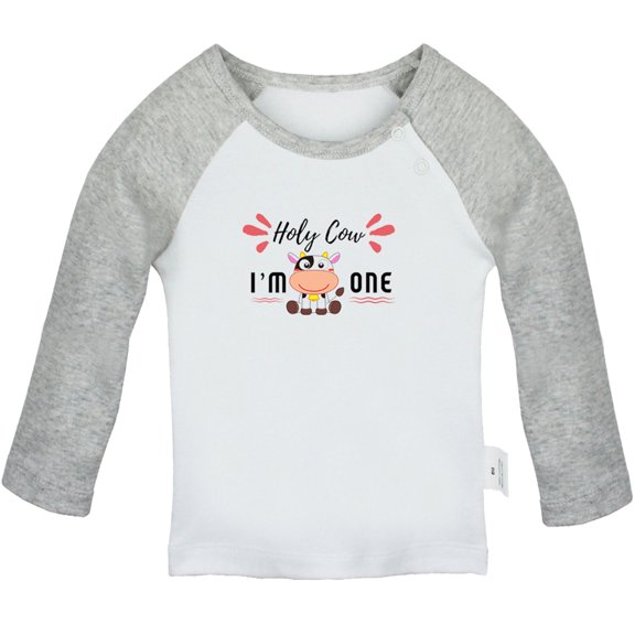 Holy Cow I'm One Funny T shirt For Baby, Newborn Babies T-shirts, Infant Tops, 0-24M Kids Graphic Tees Clothing (Long Gray Raglan T-shirt, 12-18 Months)