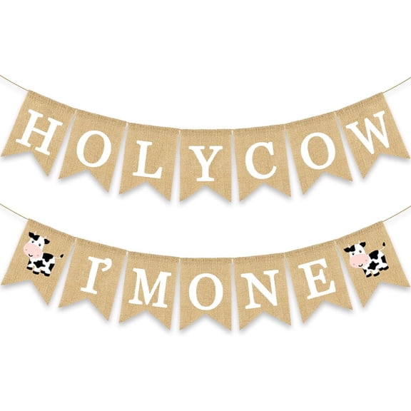 Holy Cow I'm One White Letter Cow Burlap Banner, Rustic Jute Pennant Garland for Barnyard Themed Baby Girl Boy First Birthday Party Decor Supplies