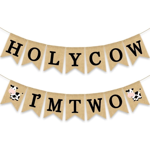 Holy Cow I'm Two Banner Farm 2nd Birthday Party Decoration Barnyard Burlap Garlands Western Boy Girl Second Birthday Supplies Black