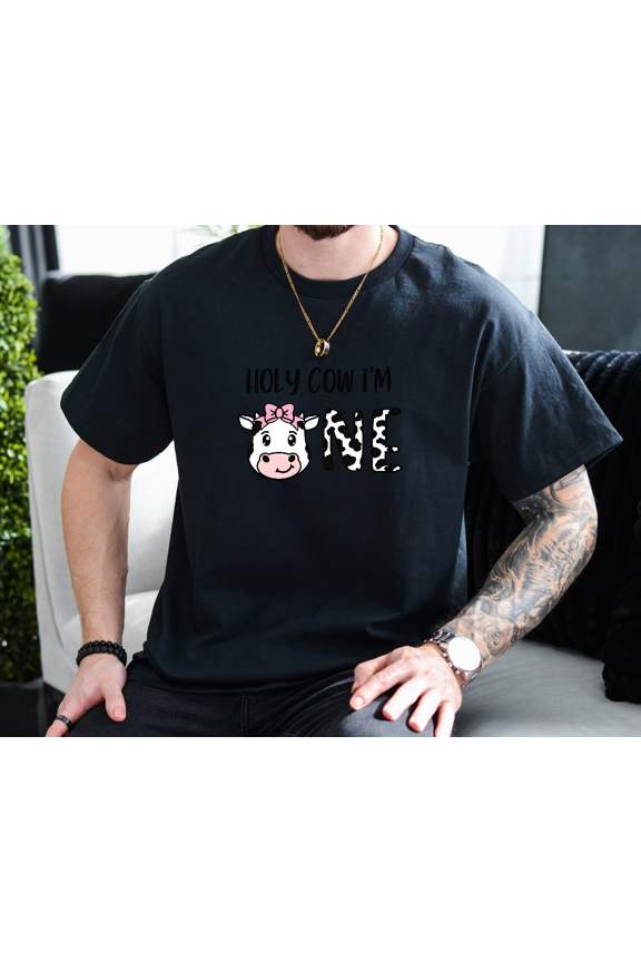 Holy Cow Im One 1st Birthday Farm Animal Theme Unisex T-Shirt, up to size 3XL.