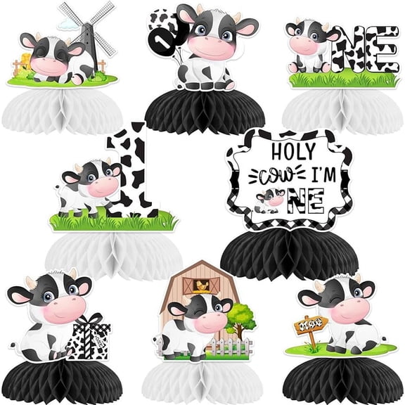 Holy Cow Im One Birthday Decoration 8pcs Black White Cow Honeycomb Centerpiece Cow Table Decoration Cow Theme First Birthday Table Topper Cow Farm Animal Decors for 1st Baby Birthday Party