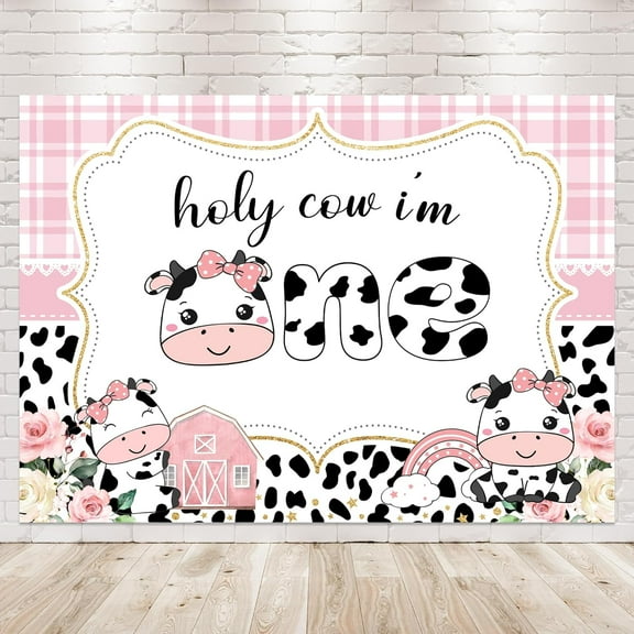Holy Cow I'm One 1st Birthday Backdrop Photography Baby Girls Pink Plaid Cow Print Cute Cartoon Farm Animal Floral Background Newborn Party Decorations Banner
