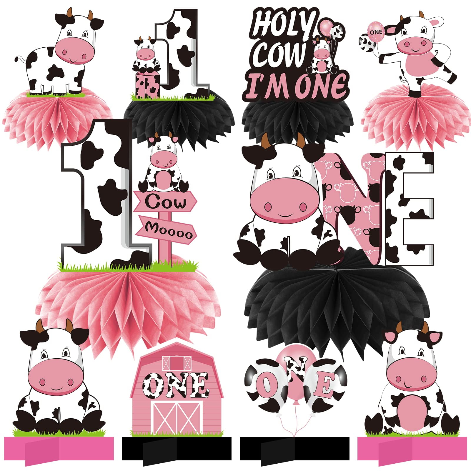 Holy Cow I'm One! 1st Birthday Decorations Kit - Farm Cow Theme Backdrop, Banner, Cake Topper, Balloons & Highchair Banner For Boy Or Girl