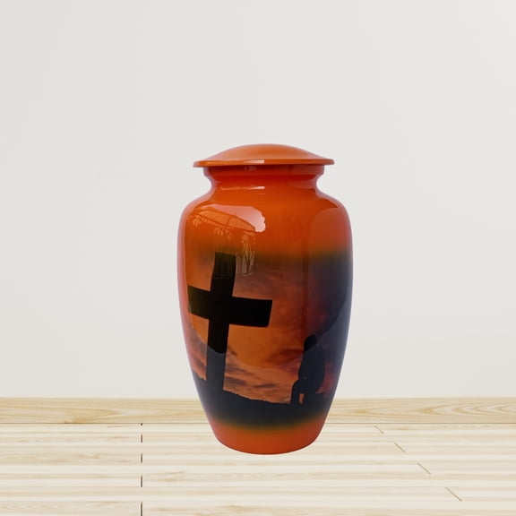 Holy Cross Printed Red Large Adult Cremation Urn for Human Ashes With Velvet Bag
