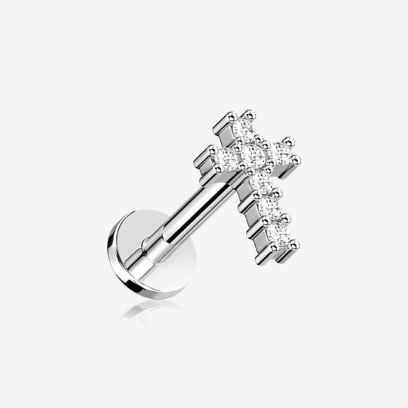Holy Cross Sparkle Top Internally Threaded Steel Flat Back Stud Labret
