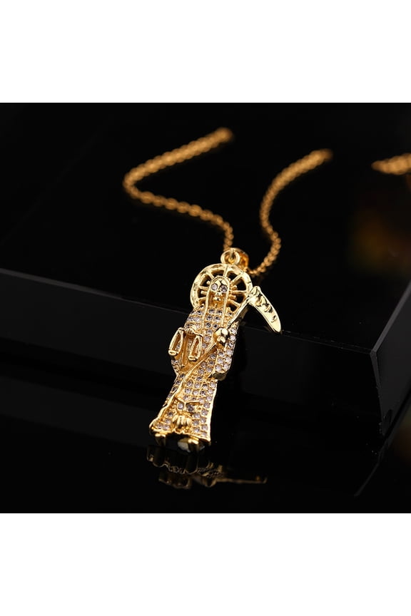 Holy Death 14K Yellow Gold Necklace Saints Golden Color Pendant Necklace Death Scythe Charms Christian Jewelry Santa Muerte