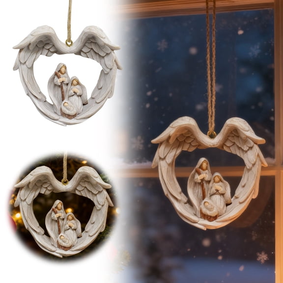 Holy Family with Angel Wings Christmas Ornament, 2.6 Inch Resin Heart Shaped Catholic Ornament, Mary Joseph Baby Jesus Nativity Hanging Decor for Tree Shelf Mantle