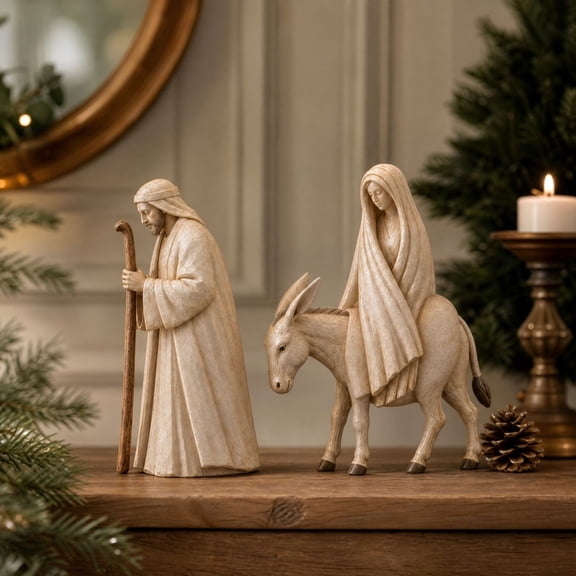 Holy Family Flight into Egypt Figurine, Mary on Donkey and Joseph Walking Religious Statue with Carved Wood Look, Christmas Nativity Scene Decoration for Mantel Shelf Home Decor and Faith Gifts