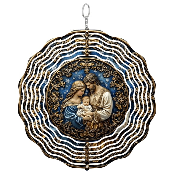 Holy Family Gold Blue Stained Glass Suncatcher, UV Printed Tinplate Round, Nativity Scene Decor, Religious Christian Gift,