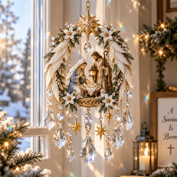 Holy Family Nativity Faith Inspired Crystal Suncatcher Elegant Gold Tone Angel Wing Floral Window Hanging