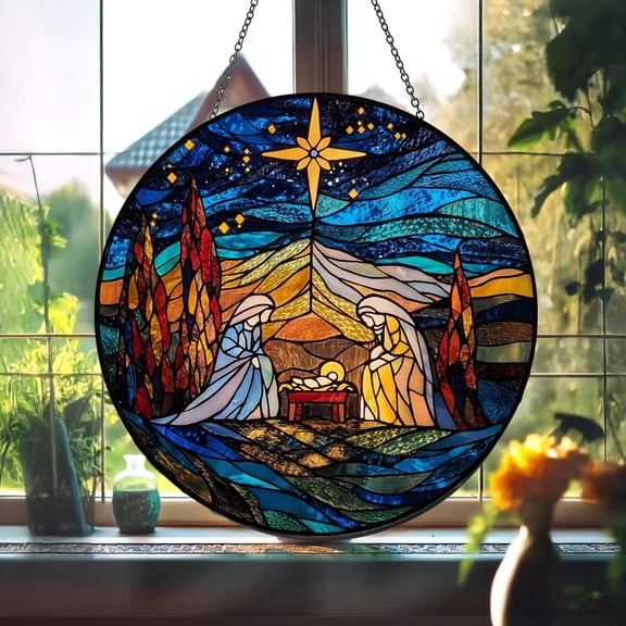 Holy Family Nativity Glass Suncatcher, Window Hanging Nativity Scene, 7.9 in