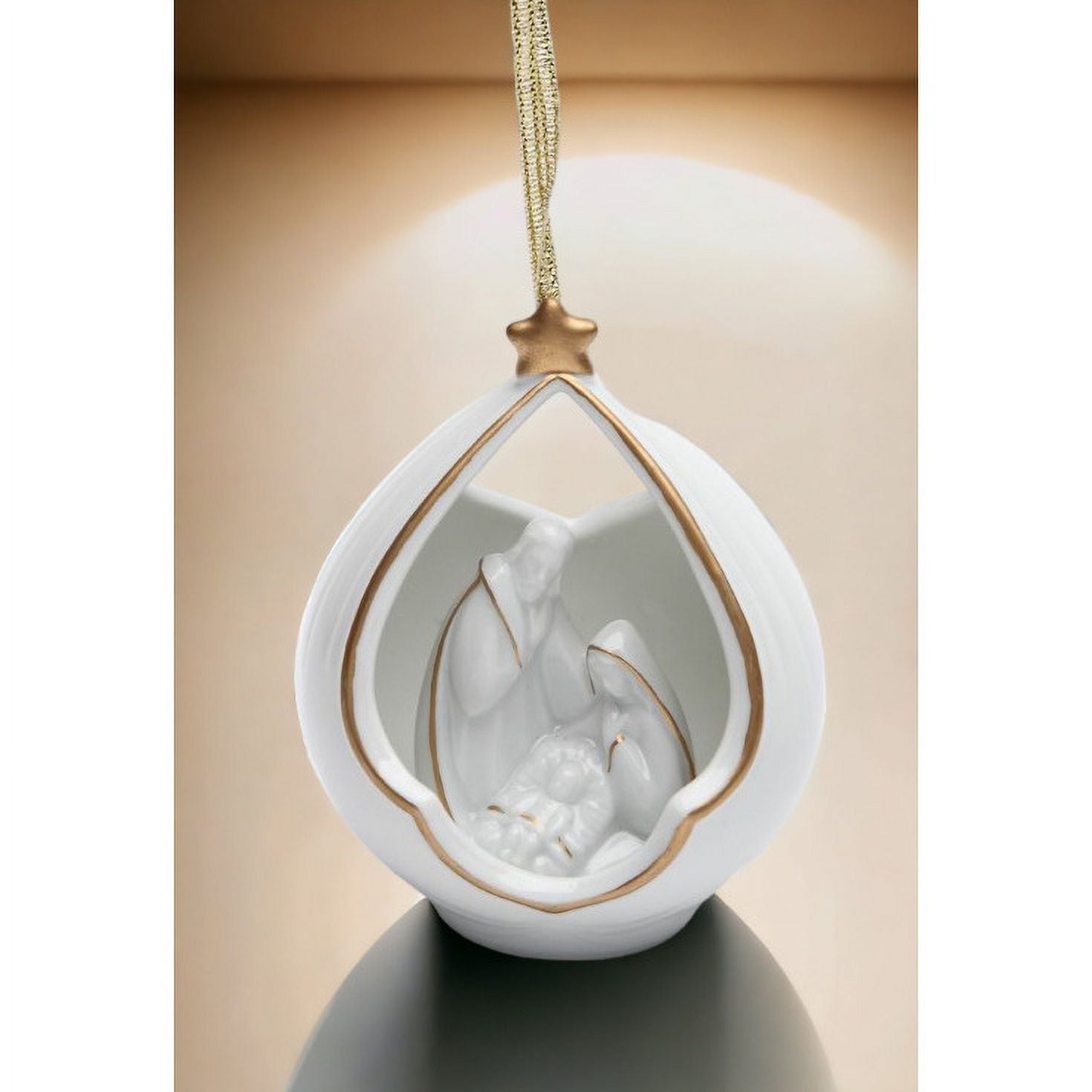 White and Gold Porcelain Holy Family Nativity Ornament
