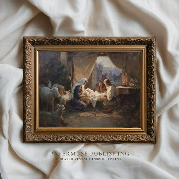 Holy Family Nativity Scene Art, Vintage , Biblical Wall Decor, Religiousprint, Manger Artwork,, Unframed Canvas Size 8x12