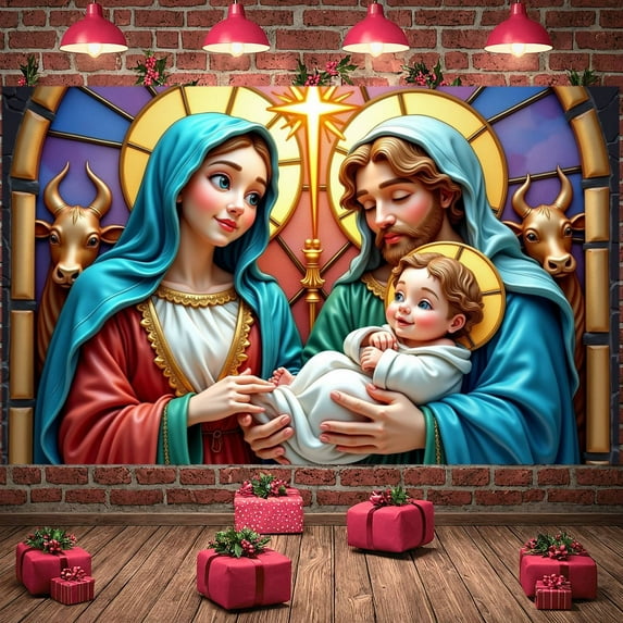 Holy Family Nativity Scene Banner Decorative Religious Christmas Backdrop for Indoor Celebration Holiday Decoration Festive Display