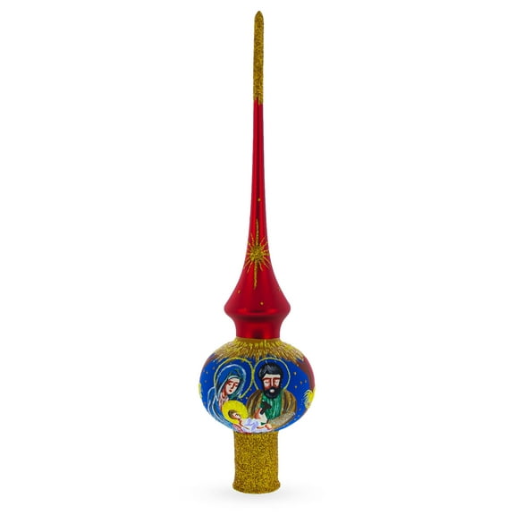 Holy Family Nativity Scene on Red Glass Christmas Tree Topper 11 Inches