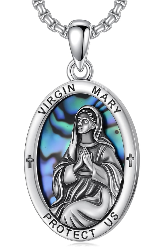 Holy Family Necklace 925 Sterling Silver Abalone Shell Protector Medal Catholic Jewelry for Women Men