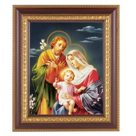 Holy Family Picture Framed Wall Art Decor Large, Dark Cherry with Gold Egg and Dart Detailed Frame
