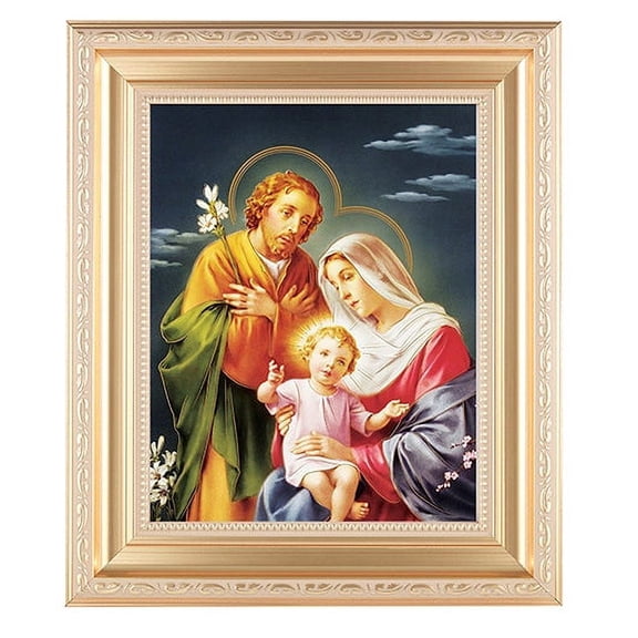 Holy Family Picture Framed Wall Art Decor Large, Satin Gold Fluted Frame with Distressed Finish and Fine Detailed Scrollwork
