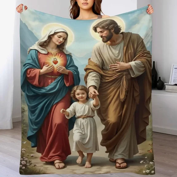 Holy Family Virgin Mary Saint Joseph Child Jesus Religious Art Cozy Flannel Throw Blanket Soft Warm Couch Blanket Bedroom Decor Birthday Christmas Housewarming Gift For Catholic Christian Believers