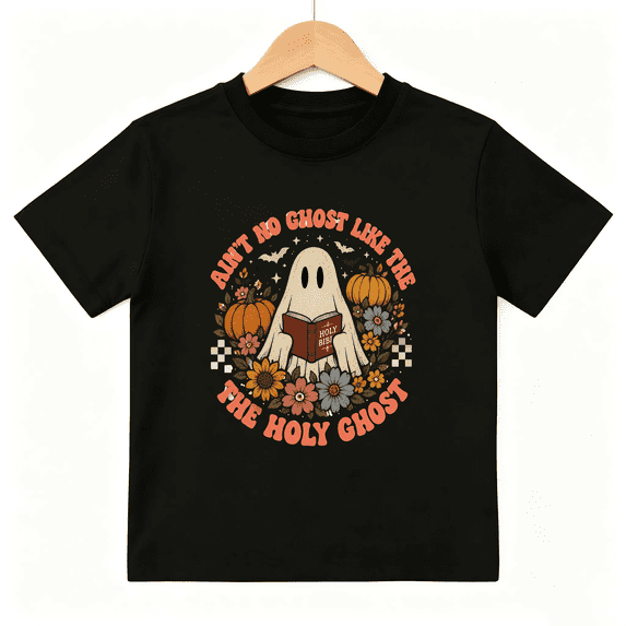 Holy Ghost Reading Bible with Pumpkins and Flowers Short Sleeve Crewneck Cotton Kids T-Shirt