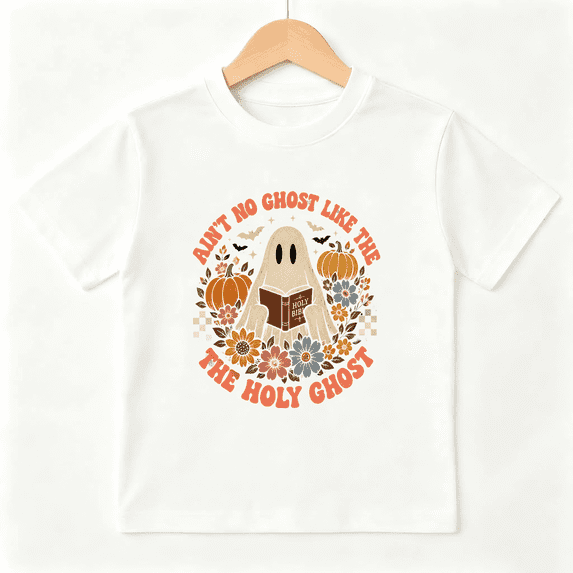 Holy Ghost Reading Bible with Pumpkins and Flowers Short Sleeve Crewneck Cotton Kids T-Shirt