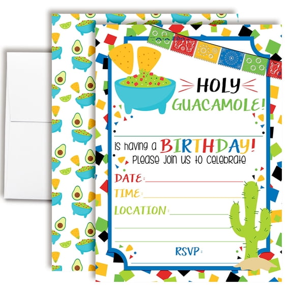 Holy Guacamole Chips & Dip Birthday Invitations for Kids, 20 Fill-In Cards with Envelopes, 5x7 Children's Party Invitations, Birthday Party Supplies, Made in USA by Amanda Creation
