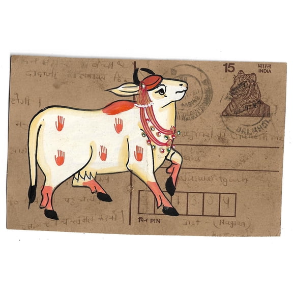 Holy Indian Cow Paintings on Vintage Indian Postcard Front