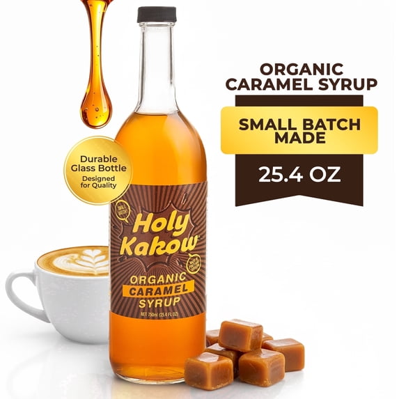 Holy Kakow Organic Caramel Syrup for Coffee, Lattes, Cocktails & Desserts | Non-GMO, Gluten-Free, Clean Ingredients | Home & Café Use | 25.4 oz