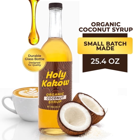 Holy Kakow Organic Coconut Syrup for Coffee, Lattes & Cocktails | Vegan, Non-GMO, Gluten-Free Natural Sweetener | Perfect for Desserts, Baking & At-Home Café Drinks | 25.4 oz