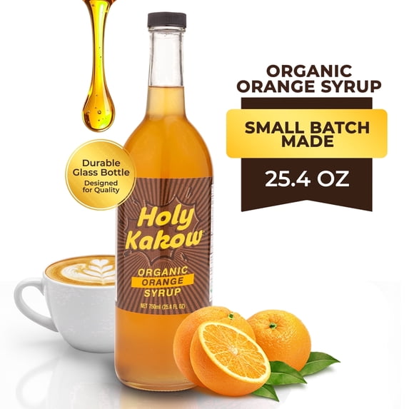 Holy Kakow Organic Orange Syrup for Coffee, Cocktails & Mocktails | Vegan, Non-GMO, Gluten-Free | Premium Sweetener for Lattes, Mixed Drinks, & Baking | 25.4 oz