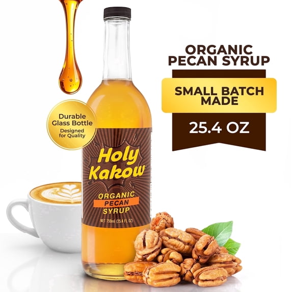 Holy Kakow Organic Pecan Syrup for Coffee, Lattes & Pancakes | Vegan, Non-GMO, Gluten-Free | Premium Sweetener for Breakfast, Cocktails, Baking & Desserts | 25.4 oz
