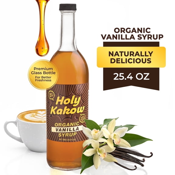 Holy Kakow Organic Vanilla Syrup for Coffee, Latte, Shakes, Smoothies, Gluten Free, Vegan, Non-GMO 25.4 oz