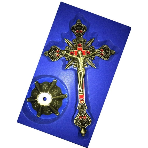 Holy Land Market Altar Table Crucifix - Church or Home Decor - Enamel Ornamented (10 Inch, Brass/Red Stones)